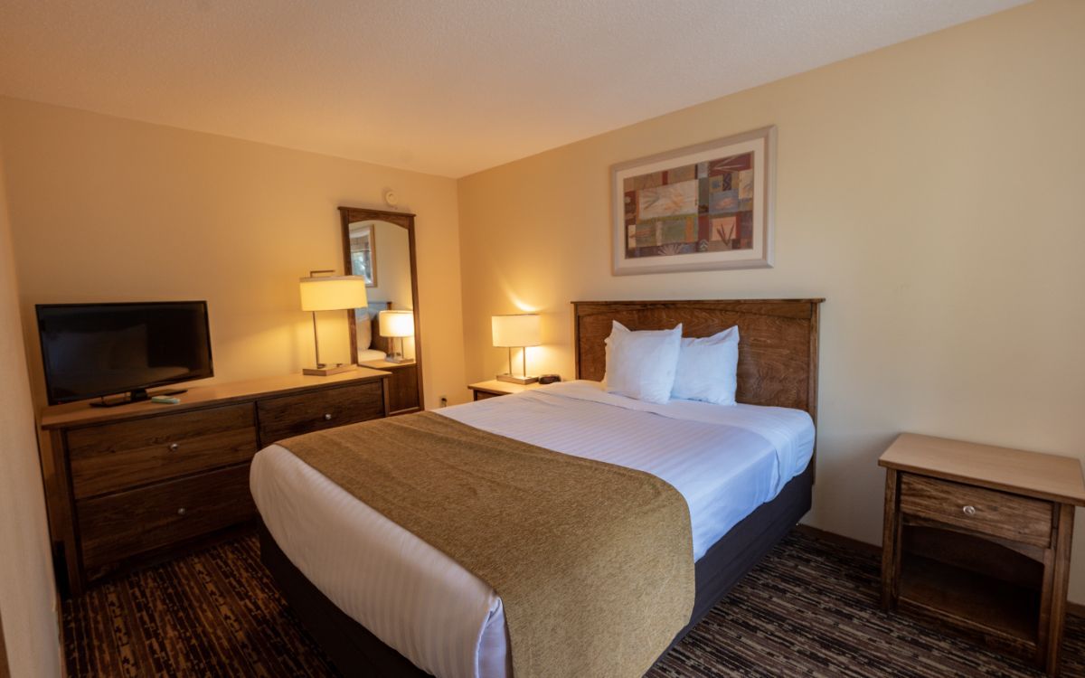 Bedroom with queen bed, dresser, TV, lamps, nightstand. Warm tones, carpet flooring.