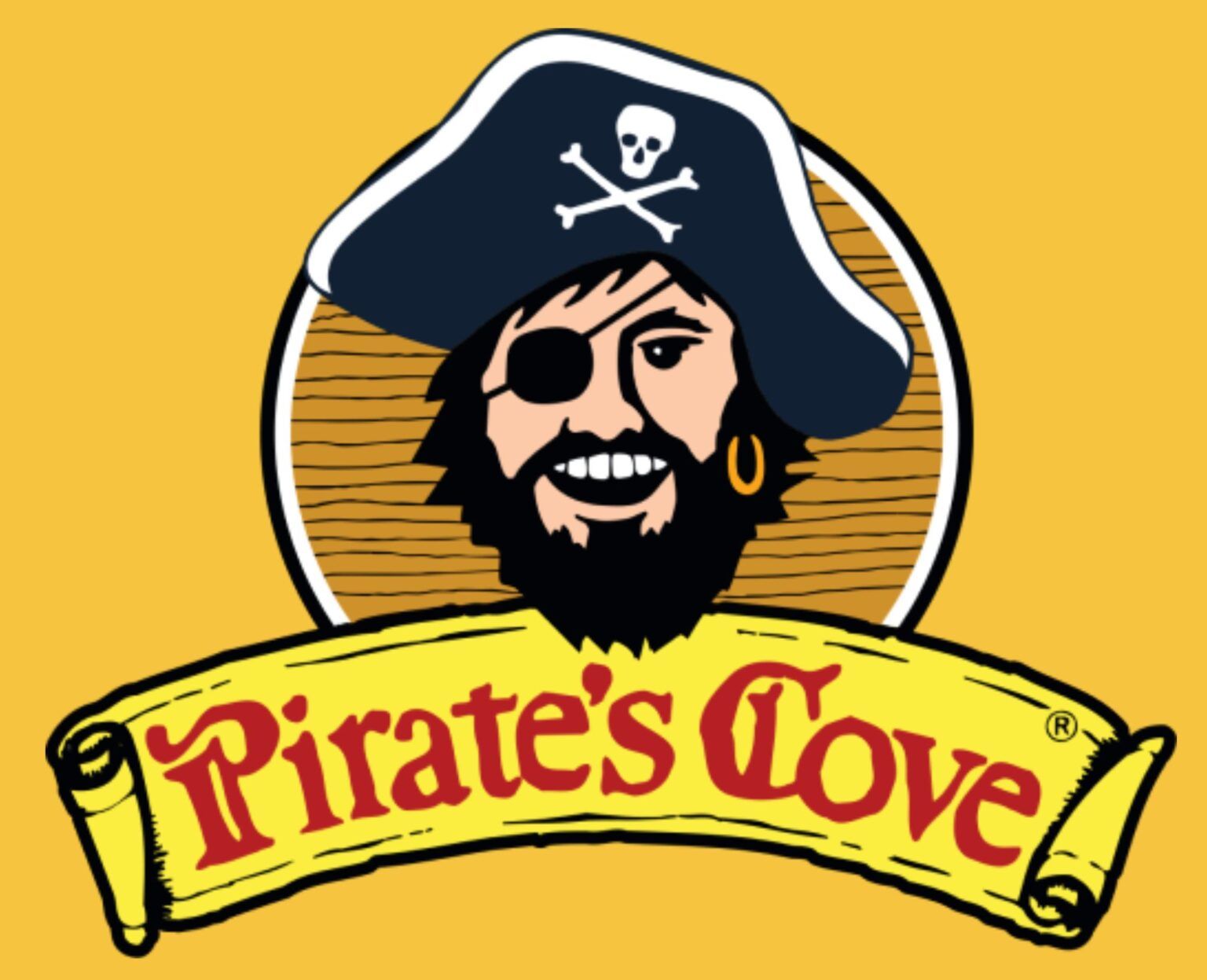 Pirate's Cove logo: Smiling pirate with eye patch, black beard, and hat with skull & crossbones on a yellow background.