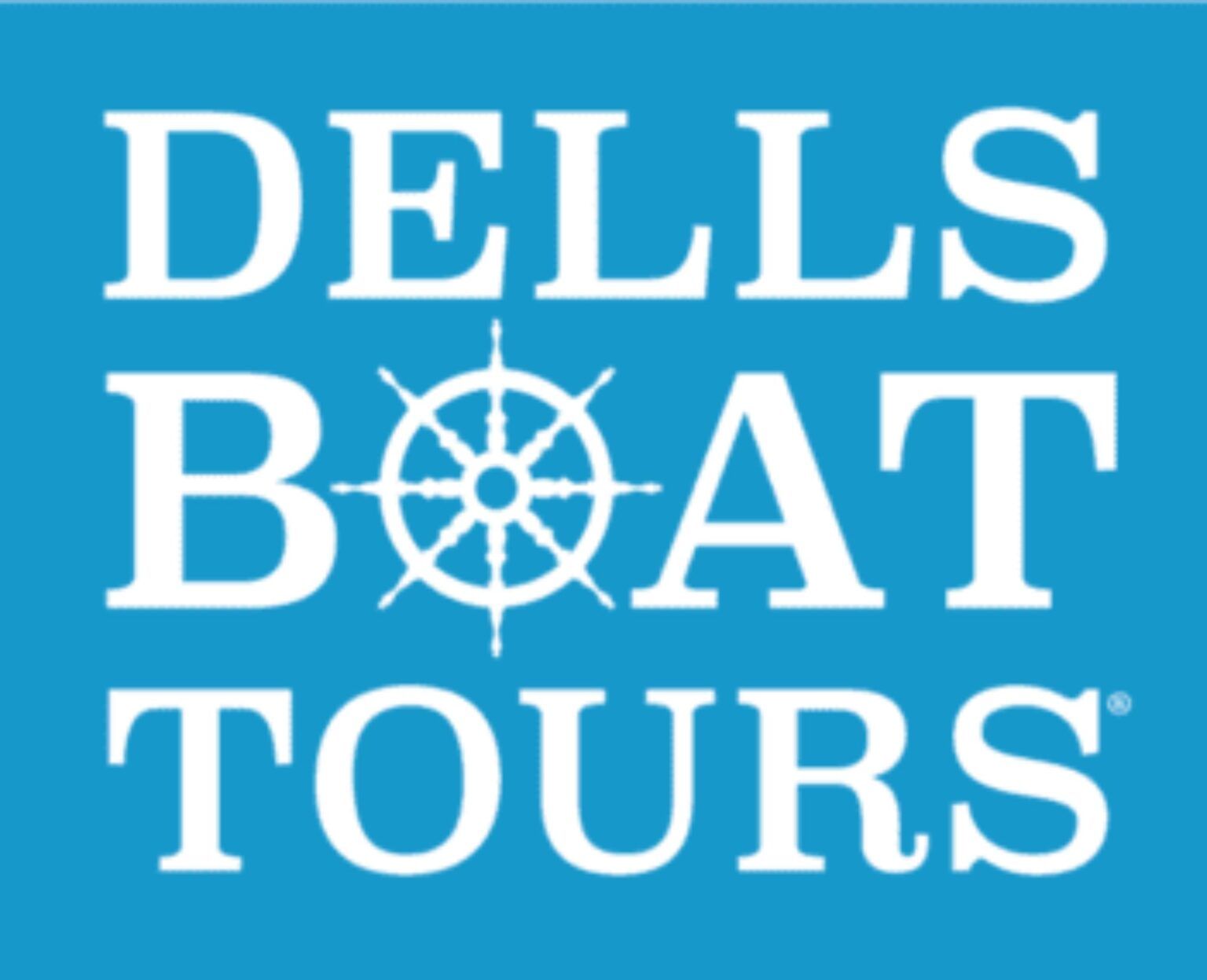 Dells Boat Tours logo: white text on blue background with a white ship's wheel.