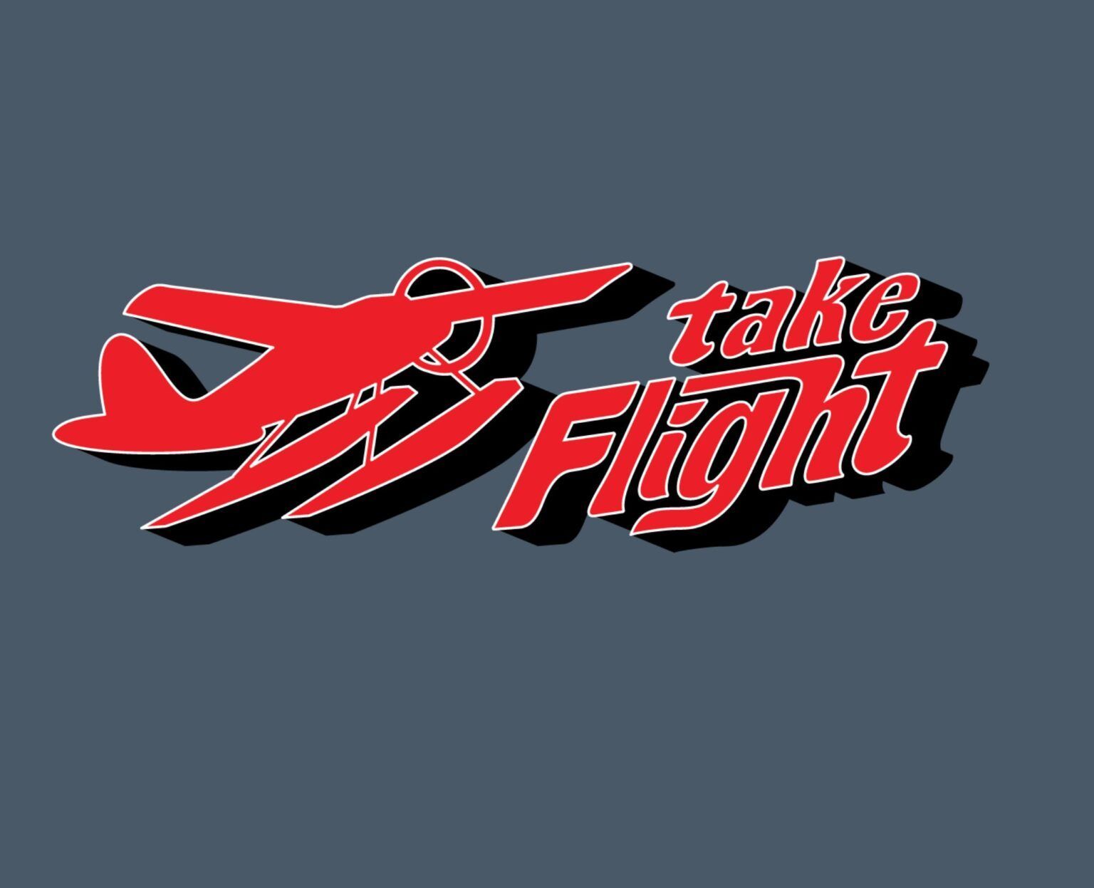 Red seaplane and "take Flight" text on a dark gray background.