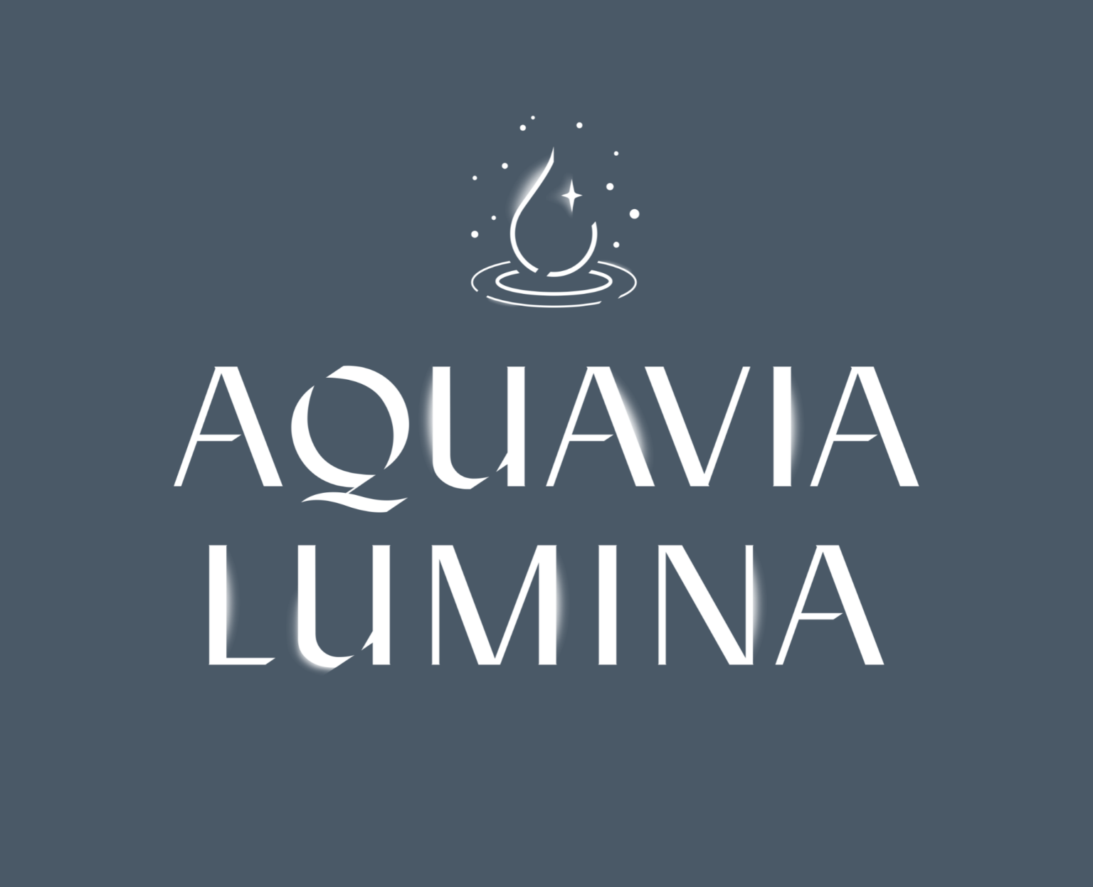 Logo for Aquavia Lumina: Text with a water droplet icon on a dark teal background.