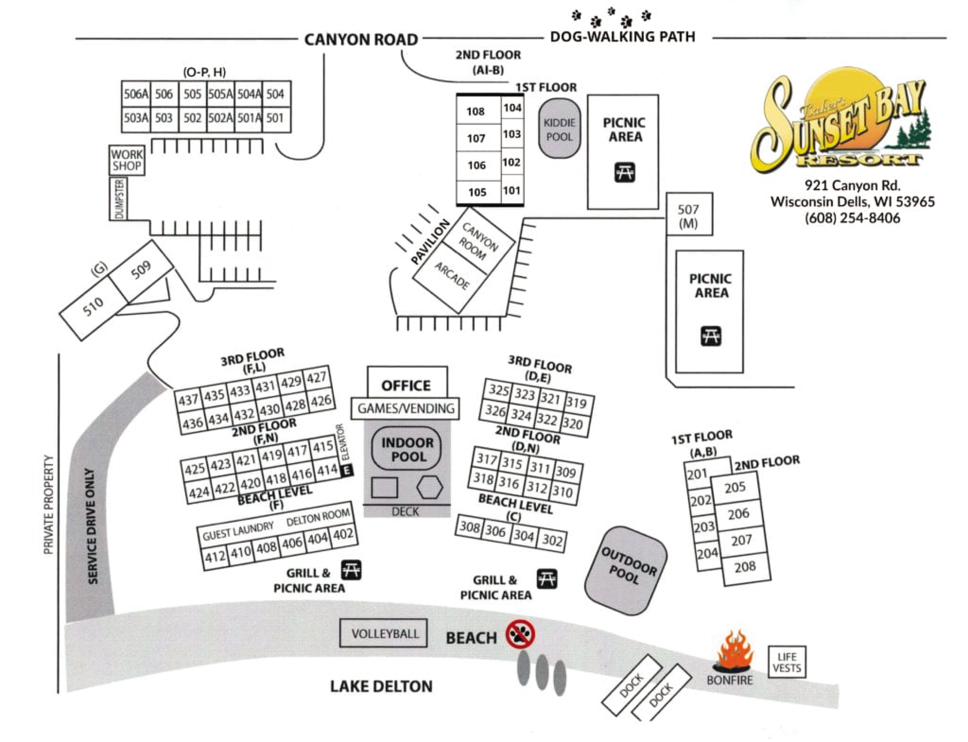 Map of Sunset Bay Resort with amenities, cabins, and roads.