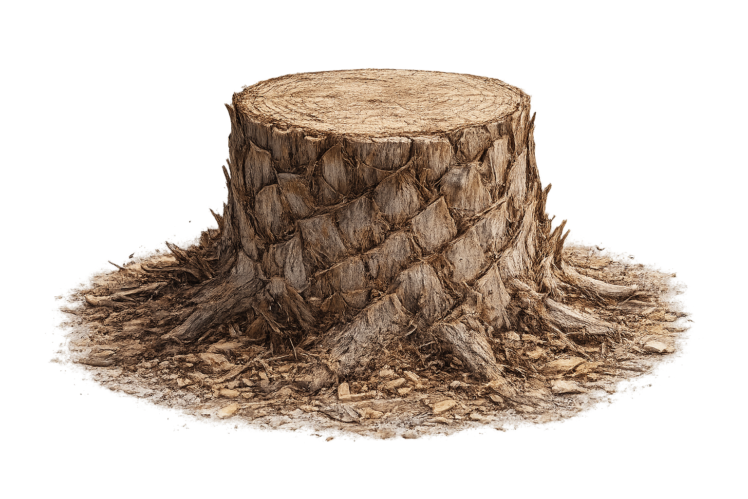 Fibrous Palm tree stump with  chips surrounding the base