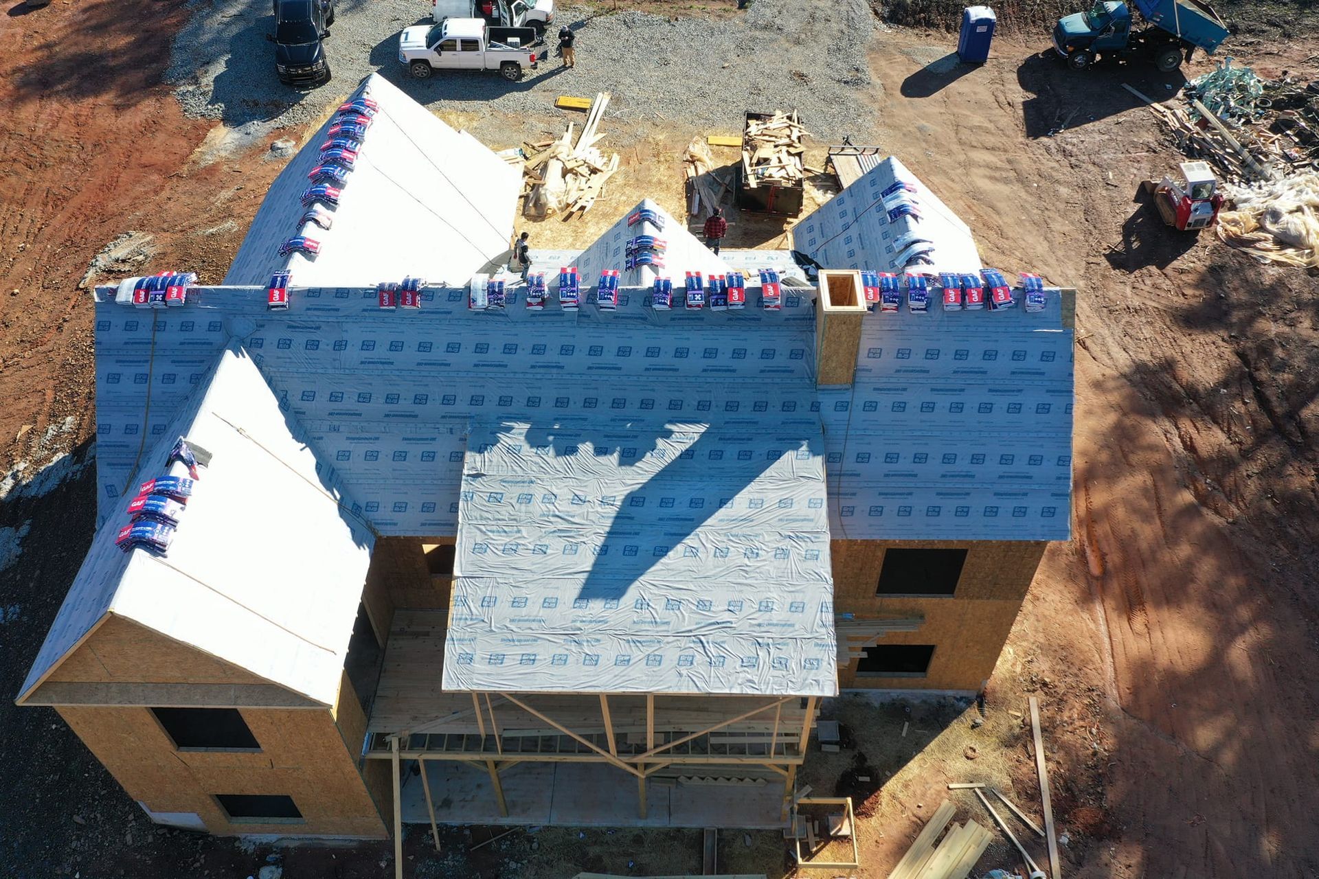 An aerial view of a house under construction