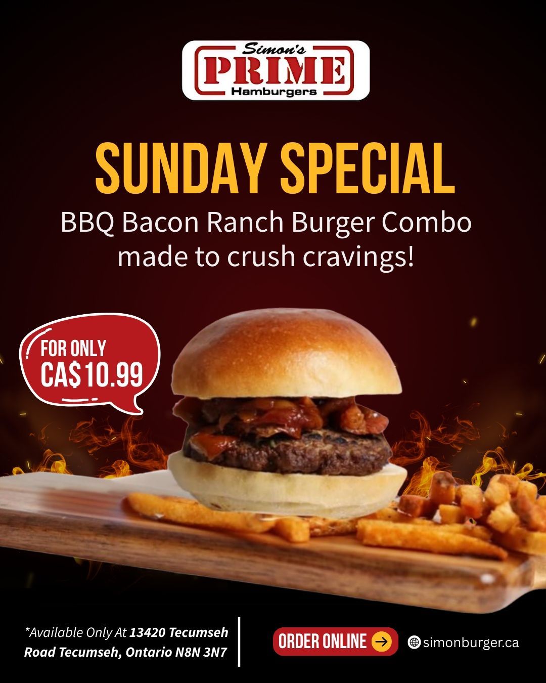 Sunday special: BBQ Bacon Ranch Burger combo for $10.99. Prime Hamburger promotion.