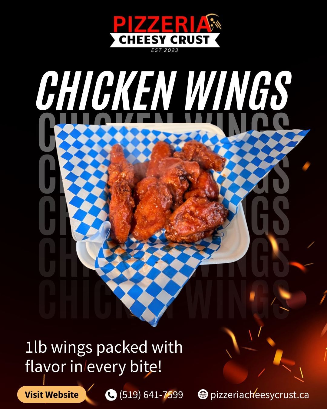 Advertisement for Cheesy Crust pizzeria, featuring a photo of saucy chicken wings.