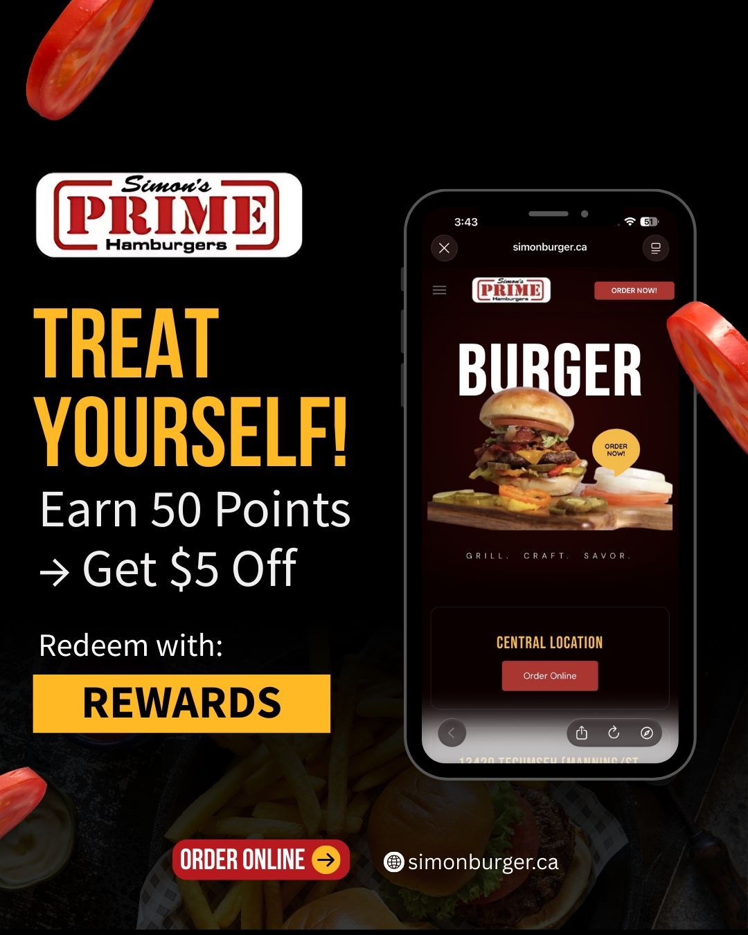 Advertisement for Prime Burgers: Earn 50 points, get $5 off. Features a burger and a phone app with the word 