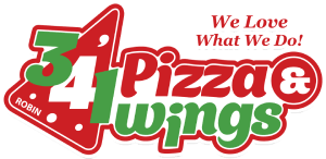 Logo for 34 Pizza & Wings with a red and green color scheme and the words 