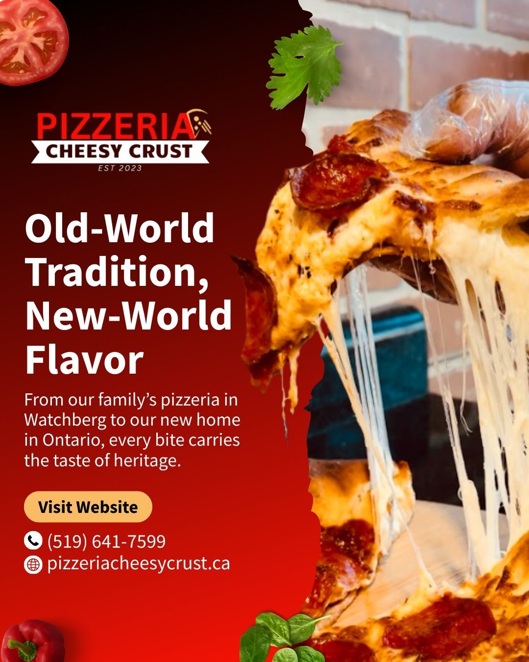 Pizza ad: Cheesy Crust pizza with cheese pull.  Text: 
