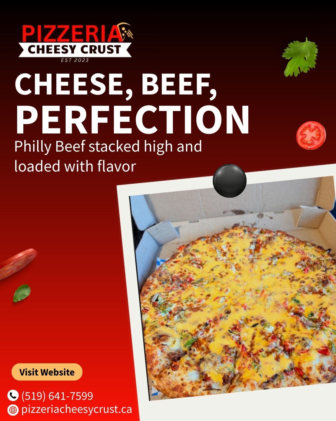 Pizza advertisement for Cheesy Crust: Philly beef pizza with cheese, on a red background.