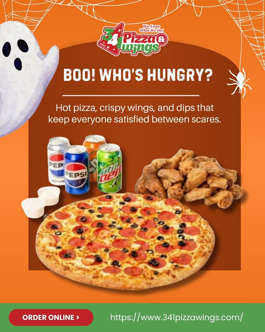 Halloween-themed ad for 34th Pizza & Wings: pizza, wings, drinks, ghost, spider, orange background. 