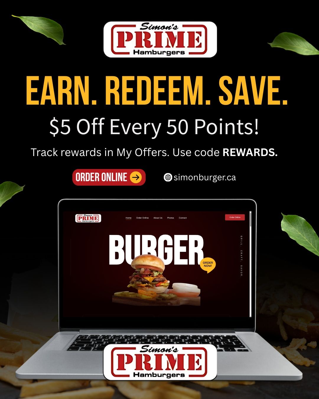 Advertisement for Simon's Prime Hamburgers: Earn points, redeem for savings. Shows a laptop displaying burger, text, and logo.