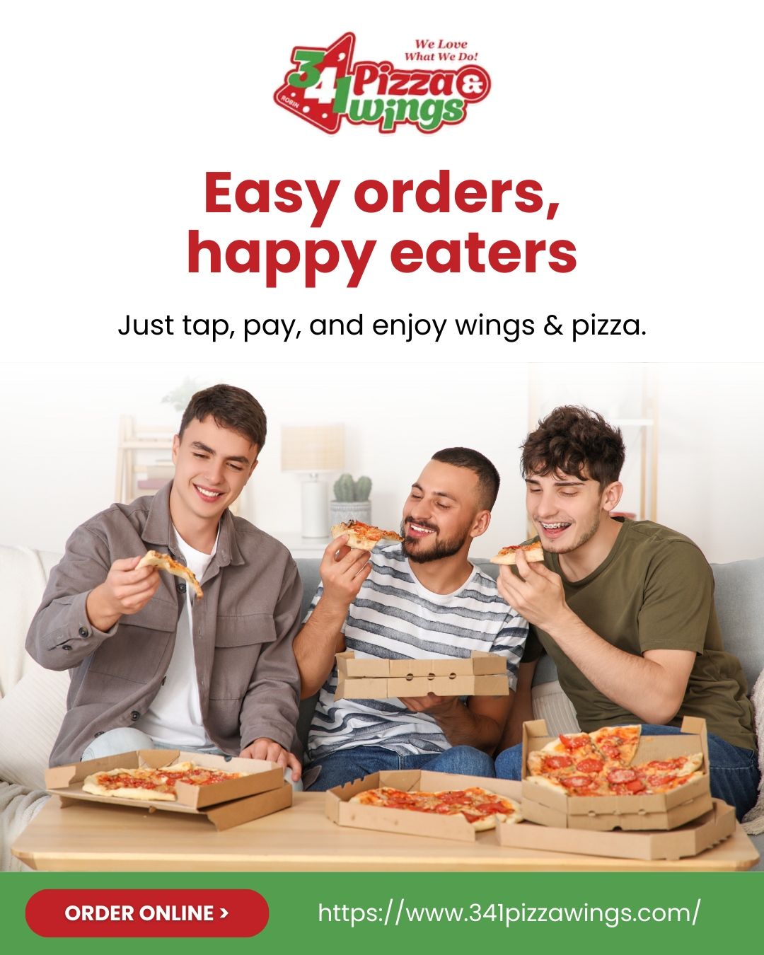Three young men enjoying pizza and wings, smiling, at a table. Advertising for 34 Pizza & Wings.