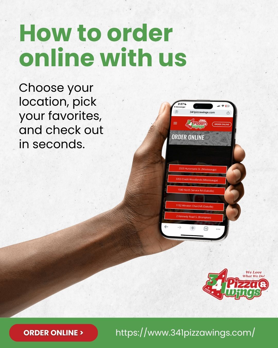 Hand holding phone showing 34 Pizza Wings app. Text: 