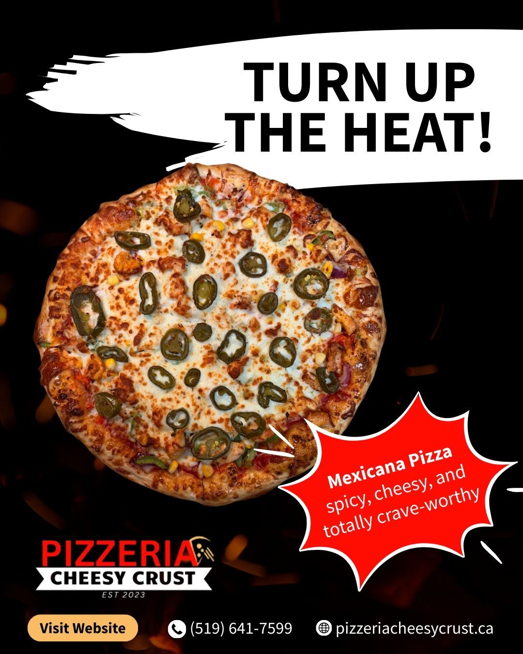 Pizza advertisement: a cheesy pizza with jalapenos. Text reads 
