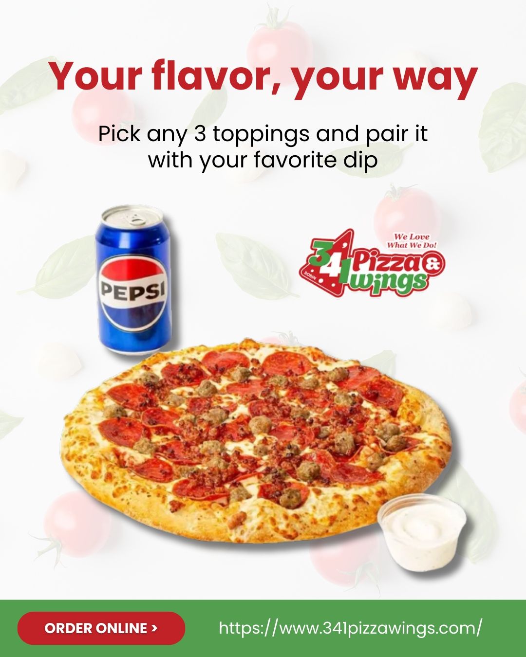 Pizza with pepperoni and sausage, Pepsi, and dip; 34 Pizza & Wings advertisement with text.