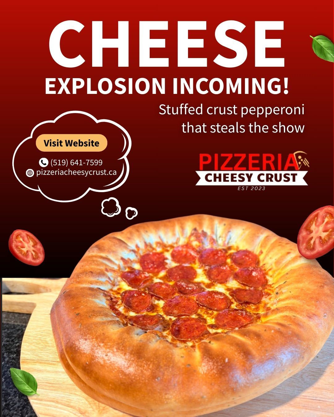 Pizza advertisement: stuffed crust pepperoni pizza, red background, 