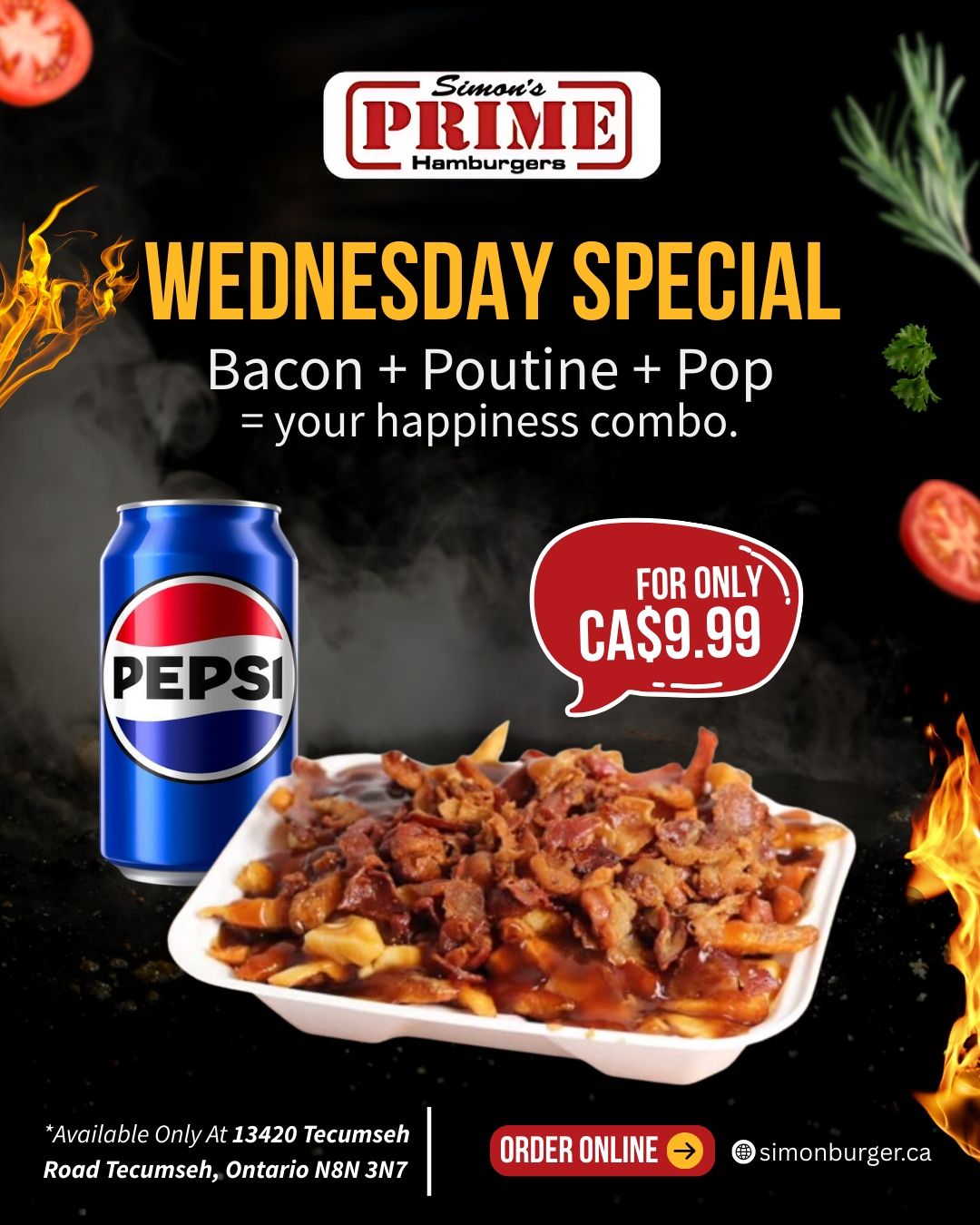 Wednesday special at Prime Hamburgers: Bacon, poutine, and pop combo for $9.99, with a Pepsi can and a container of poutine.
