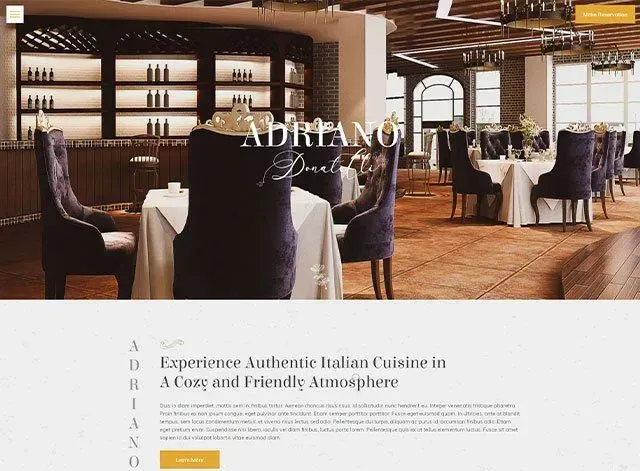 Restaurant interior with dining tables, chairs, and a bar. The restaurant is called Adriano.