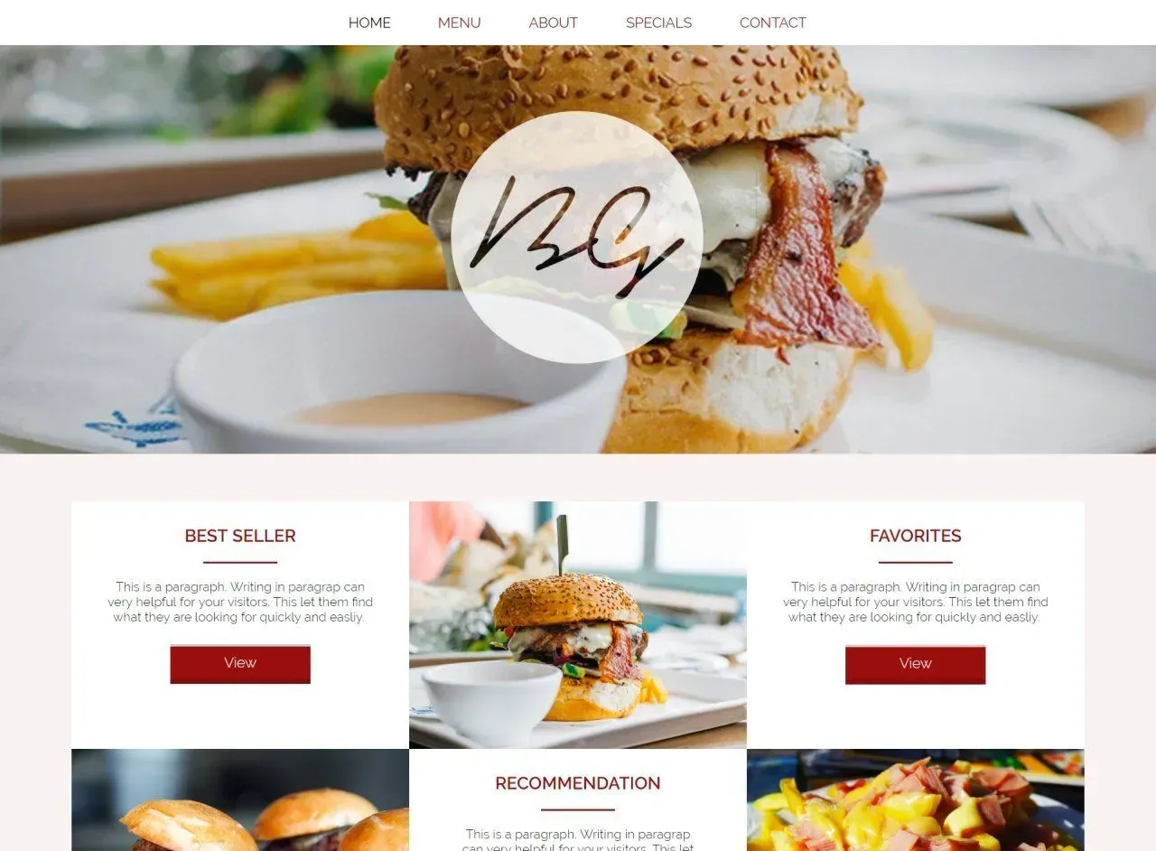 Website header featuring a burger with fries, restaurant logo, and featured food items.