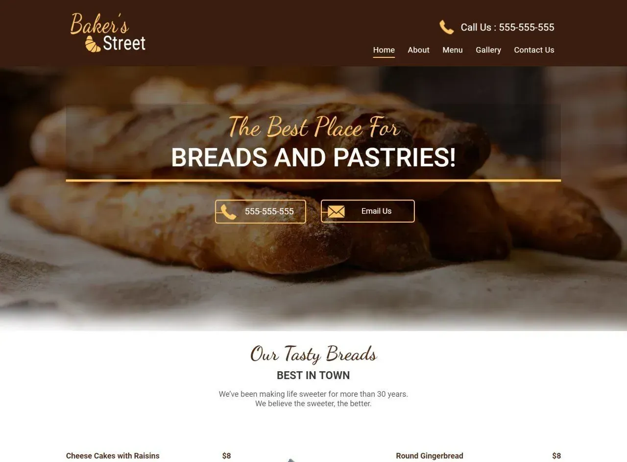 Bakery website homepage with bread and pastries. Brown, gold and white color scheme.