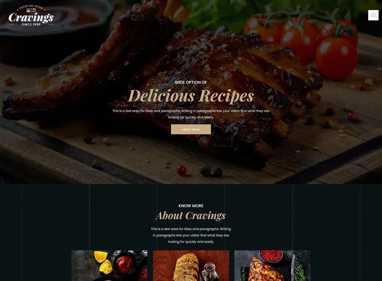 Website homepage with cooked ribs, text that says