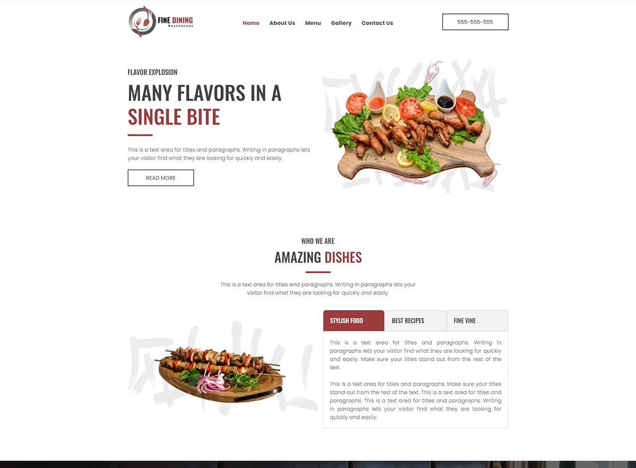 Website homepage with food photos, headline