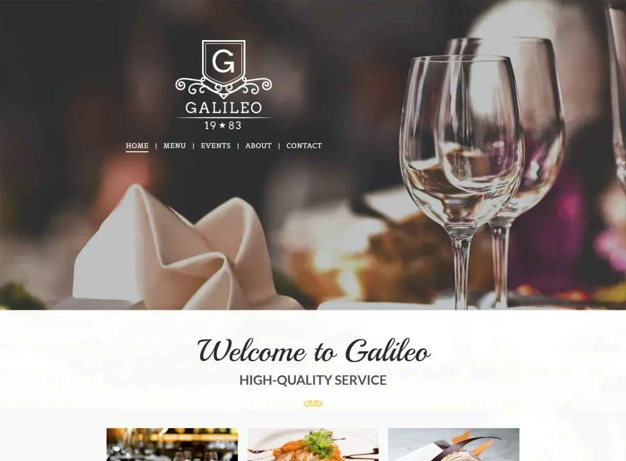 Galileo restaurant website homepage with logo, menu, and elegant table setting.