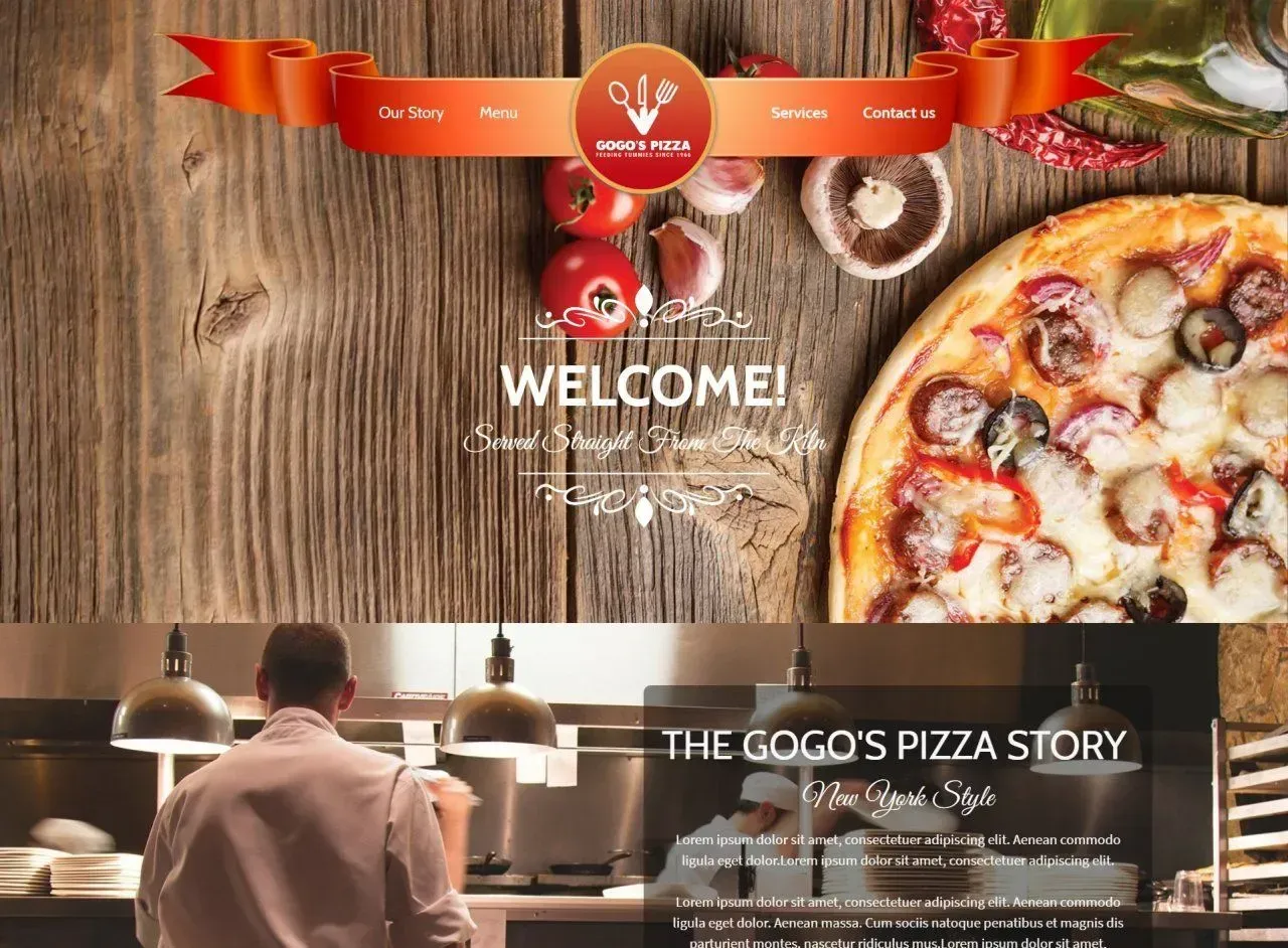 Website header with pizza, vegetables, and chef,
