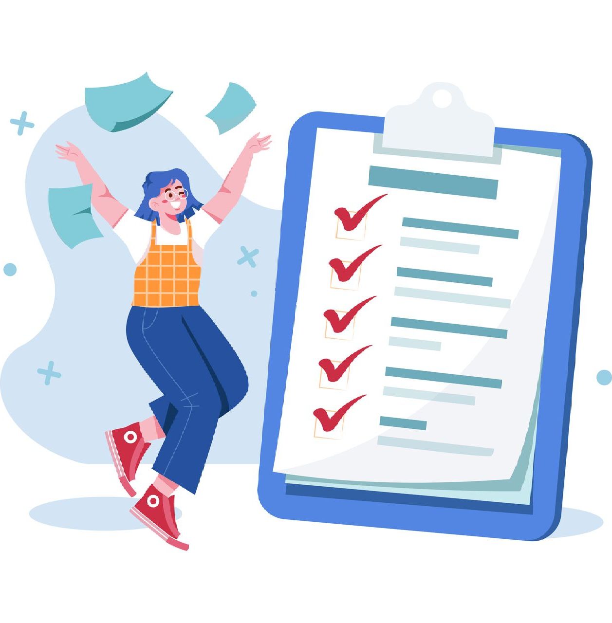 Woman jumps for joy next to a clipboard with a completed checklist.