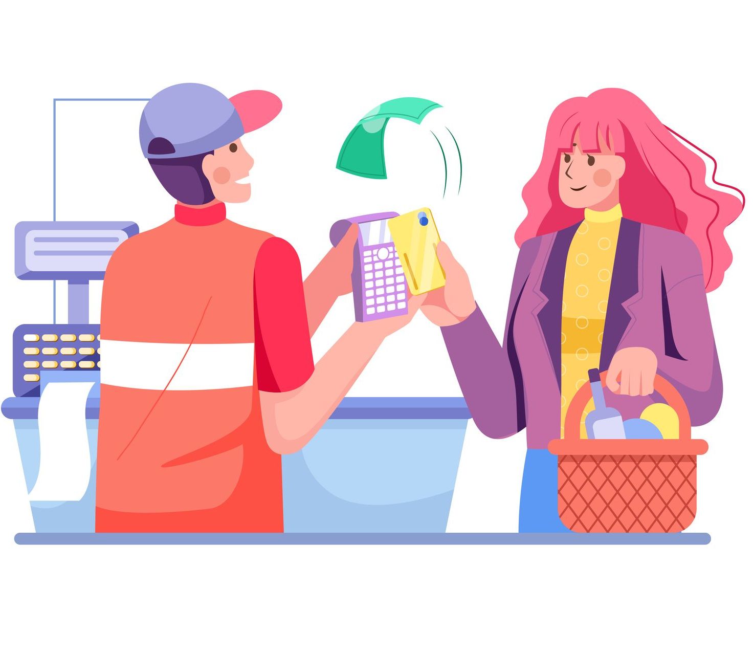 Cashier scanning a customer's card at a checkout counter, customer holds a basket of groceries.
