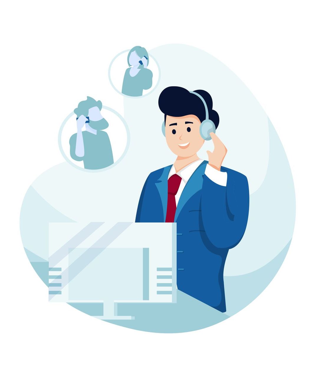 Man in suit with headset at computer, two people in circles on calls.