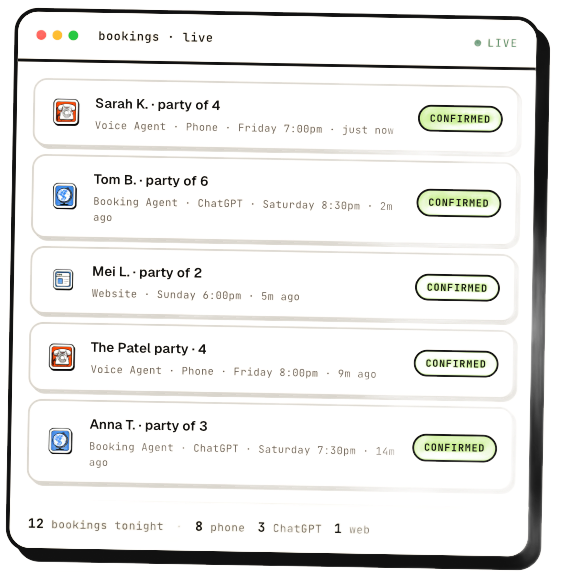 Booking app screen with a white list of confirmed reservations in rounded cards and green status badges