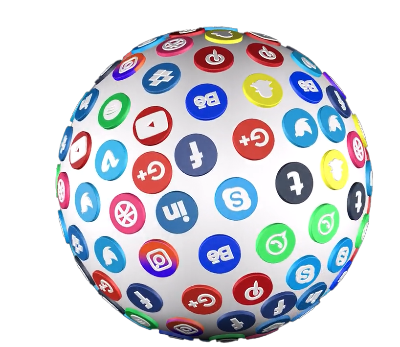 Sphere covered in social media logos of various colors.