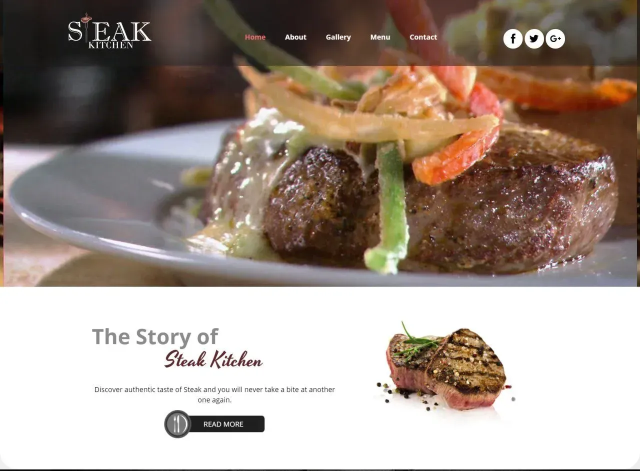 Steak Kitchen website homepage: grilled steak with vegetables and sauce, logo, navigation menu, and links.