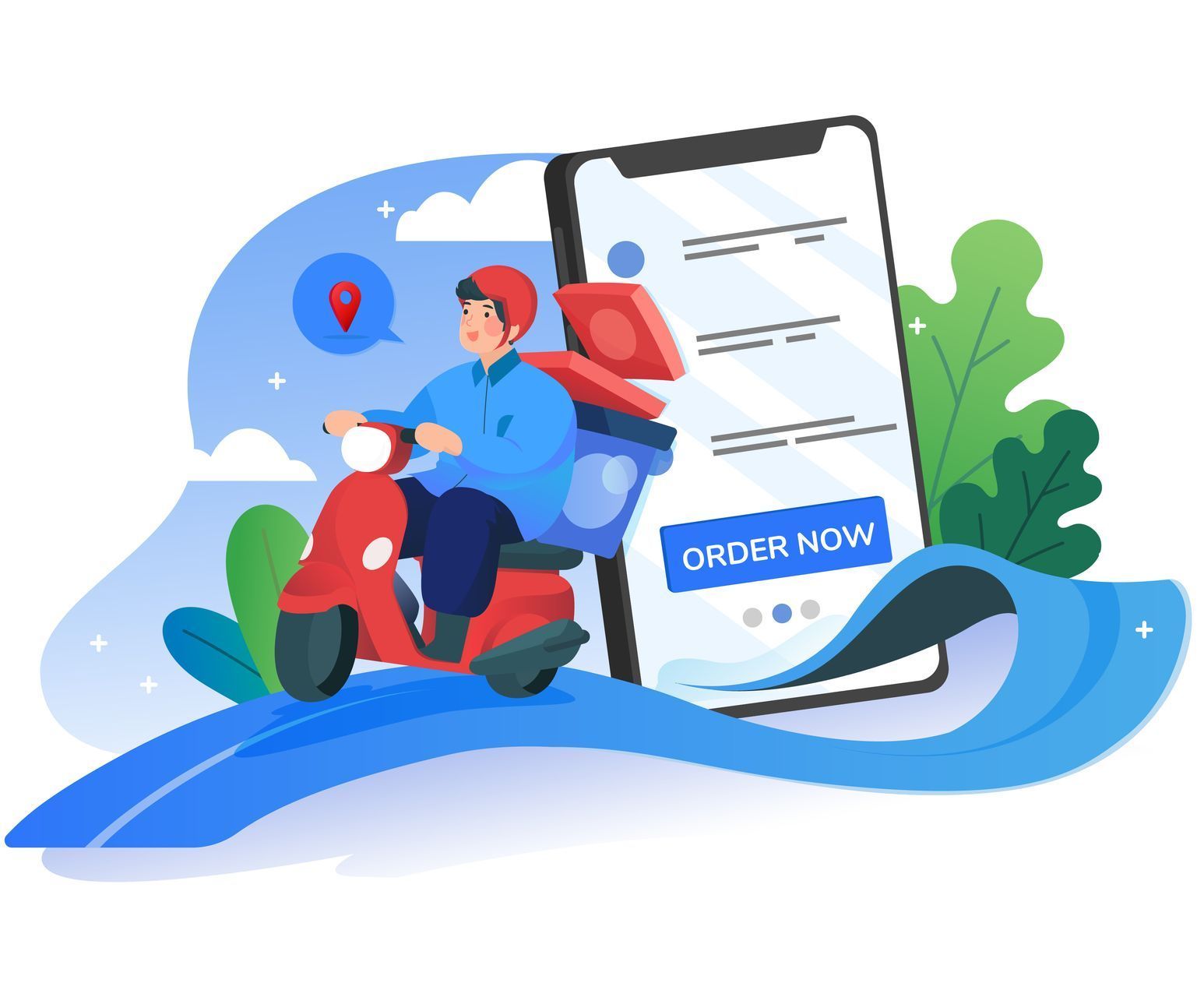 Delivery person on a scooter, with food containers, next to a smartphone with an 