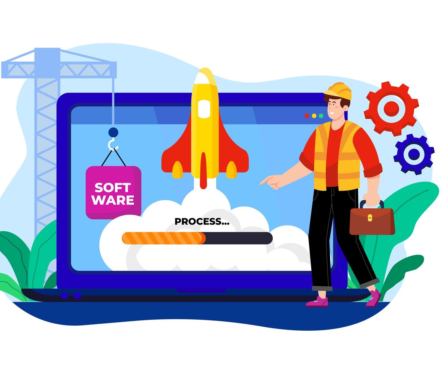 A technician by a laptop, with rocket launch, gears, and 