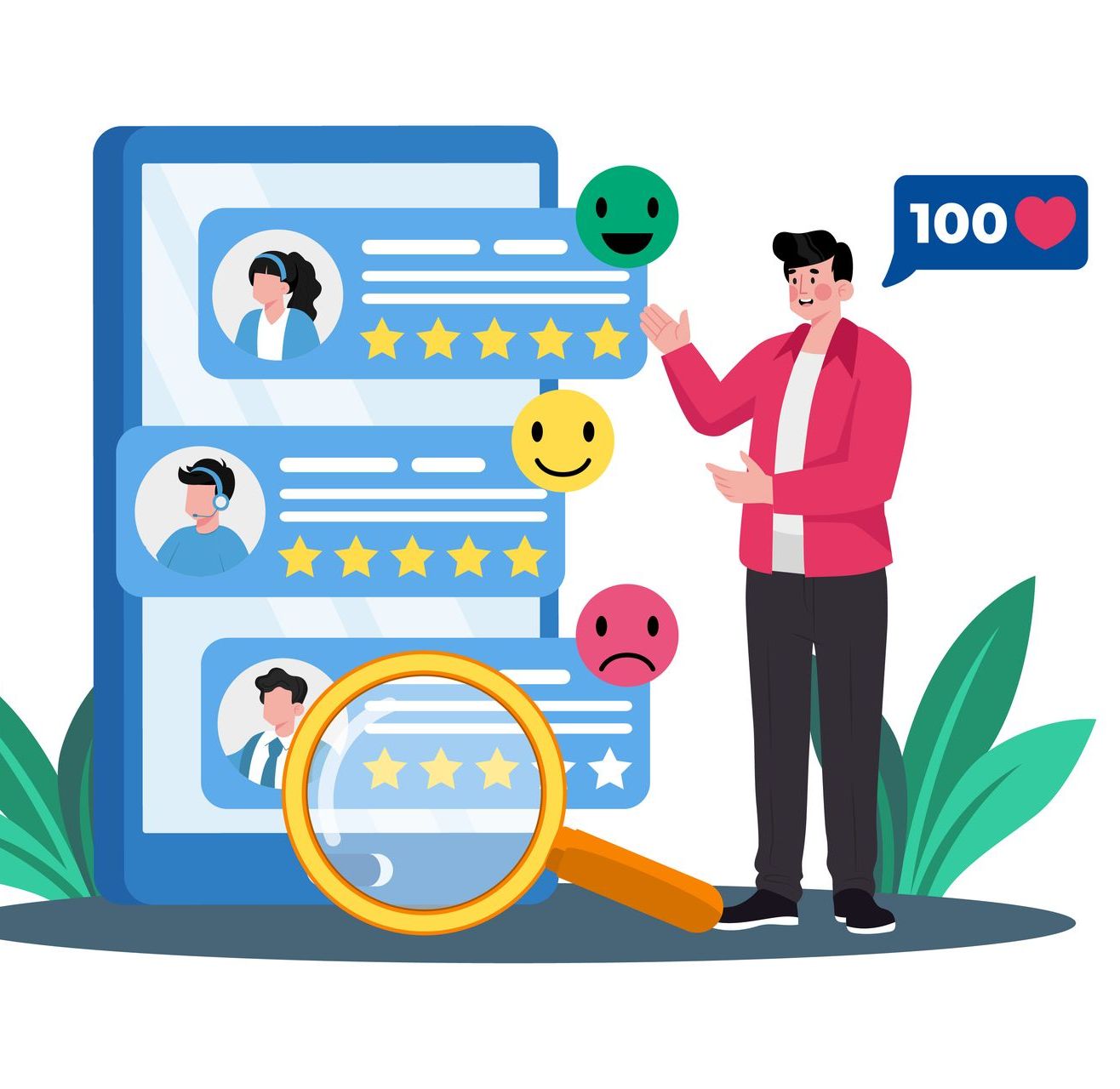 Person analyzes online reviews on phone, using magnifying glass. Includes star ratings, emoji feedback, and likes.