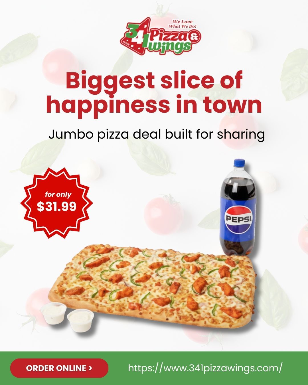 Pizza and wings deal: Jumbo pizza, Pepsi, and dipping sauce for $31.99. Website link provided.