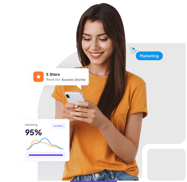 Woman smiles, using phone, reading marketing success stories, with marketing analytics showing 95%.