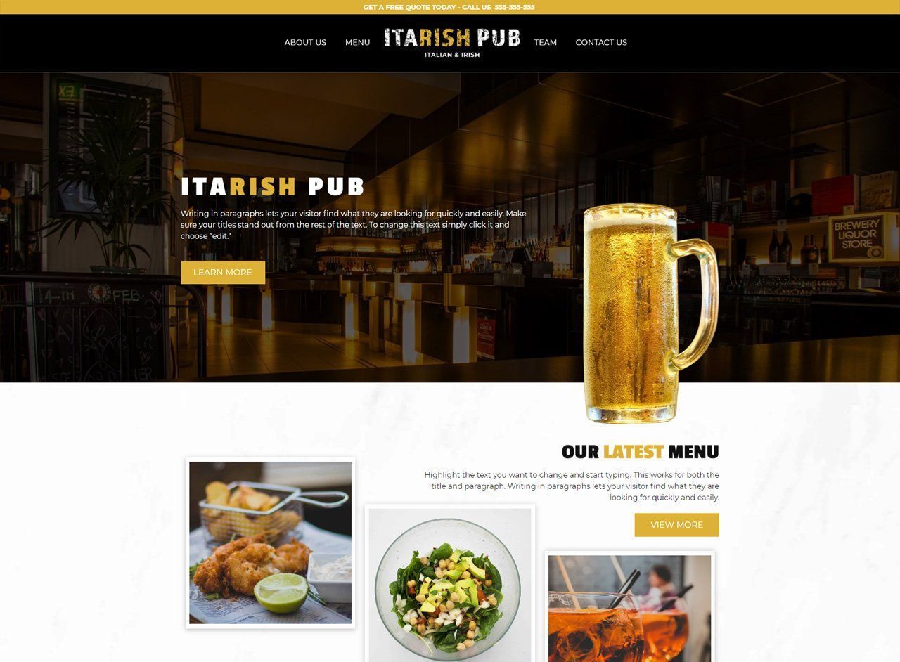 Website homepage for ITARISH PUB featuring a beer mug, food photos, and bar interior.