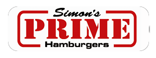 Logo for Simon's Prime Hamburgers: red text 