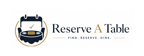 Reserve A Table logo with a cloche and calendar icon in black, gold, and white