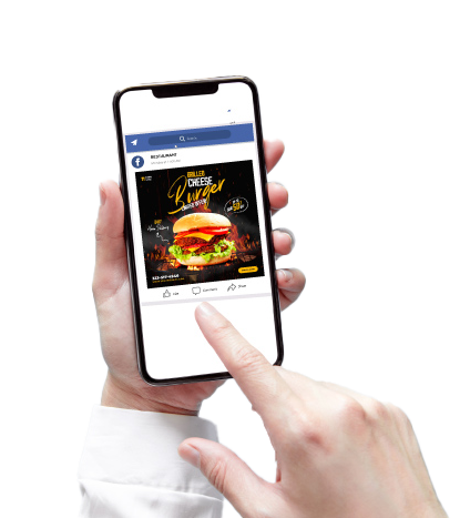 a hand is holding a cell phone with a pizza on the screen getting ready to order food online from a restaurant.