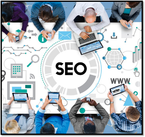 a group of people are sitting around a table with the word seo in the middle