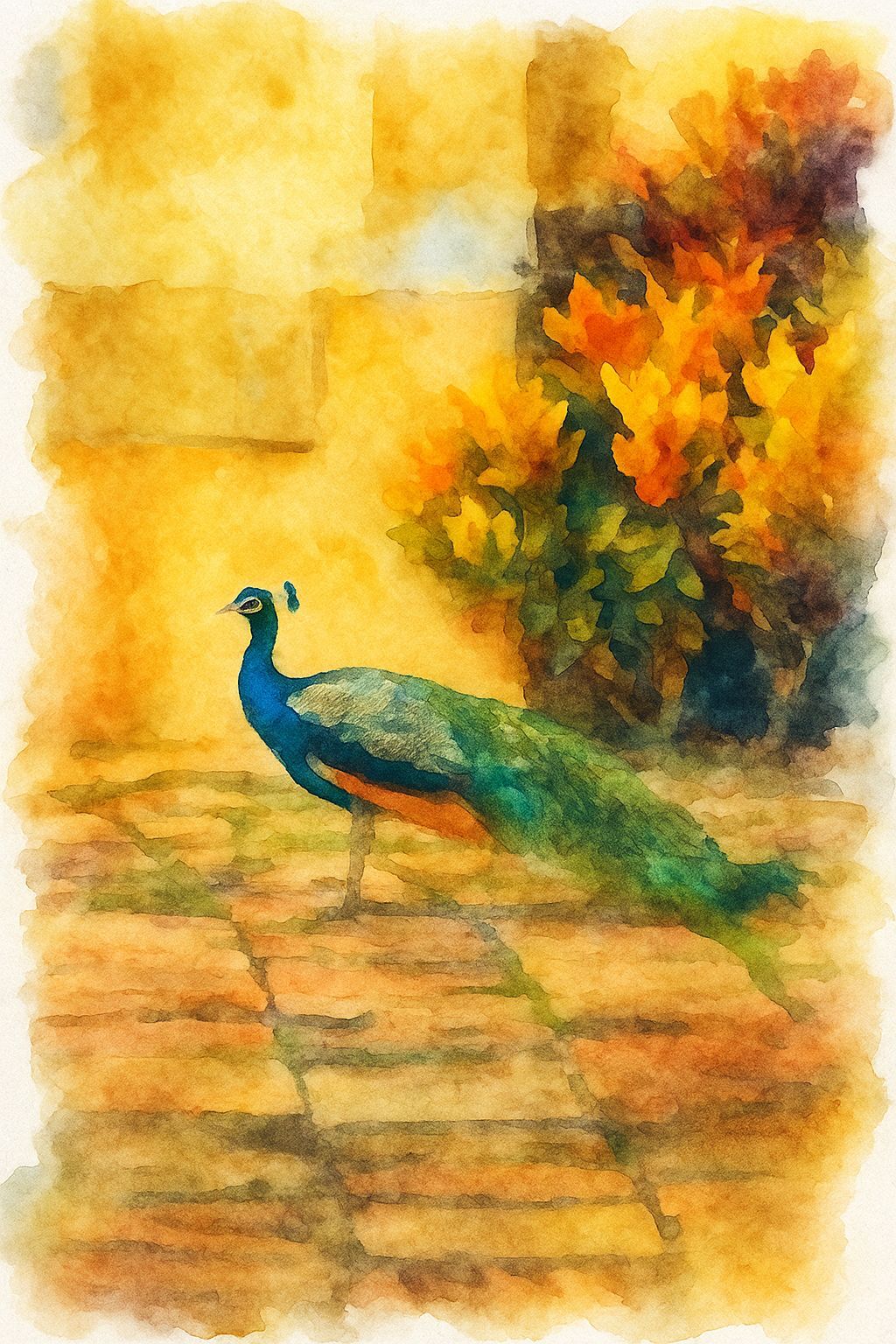 Pavão caminhando em um caminho de tijolos em frente a um muro amarelo e flores laranja.