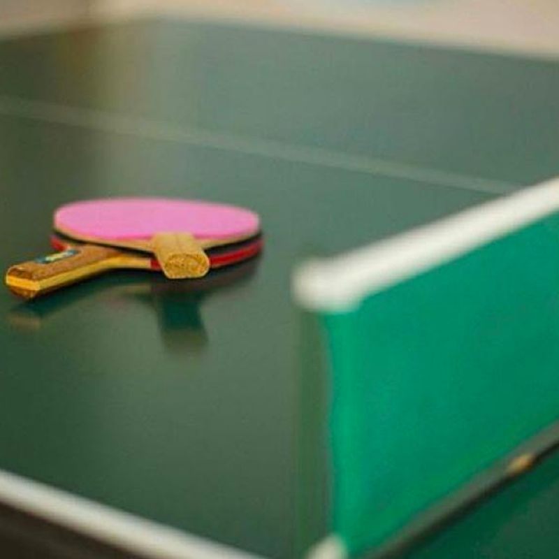 Raquete de pingue-pongue sobre uma mesa verde, com rede em primeiro plano. Raquete rosa e marrom.