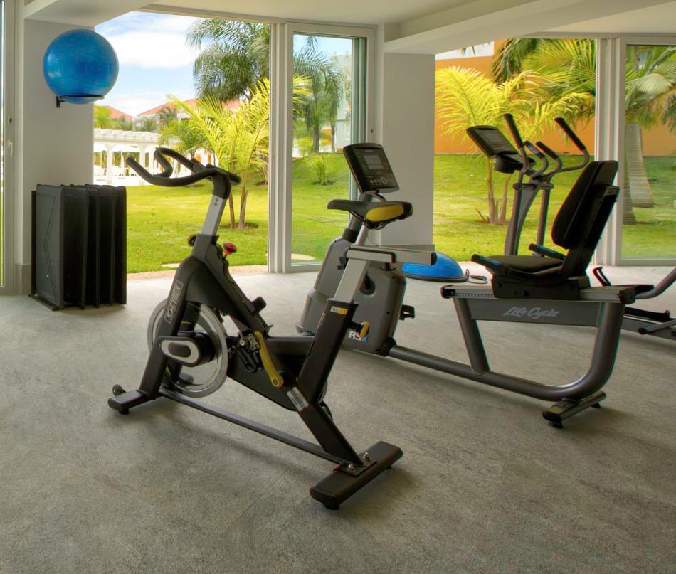 Academia com bicicletas ergométricas, elíptico e bola, ao lado de uma janela com vista para o gramado.