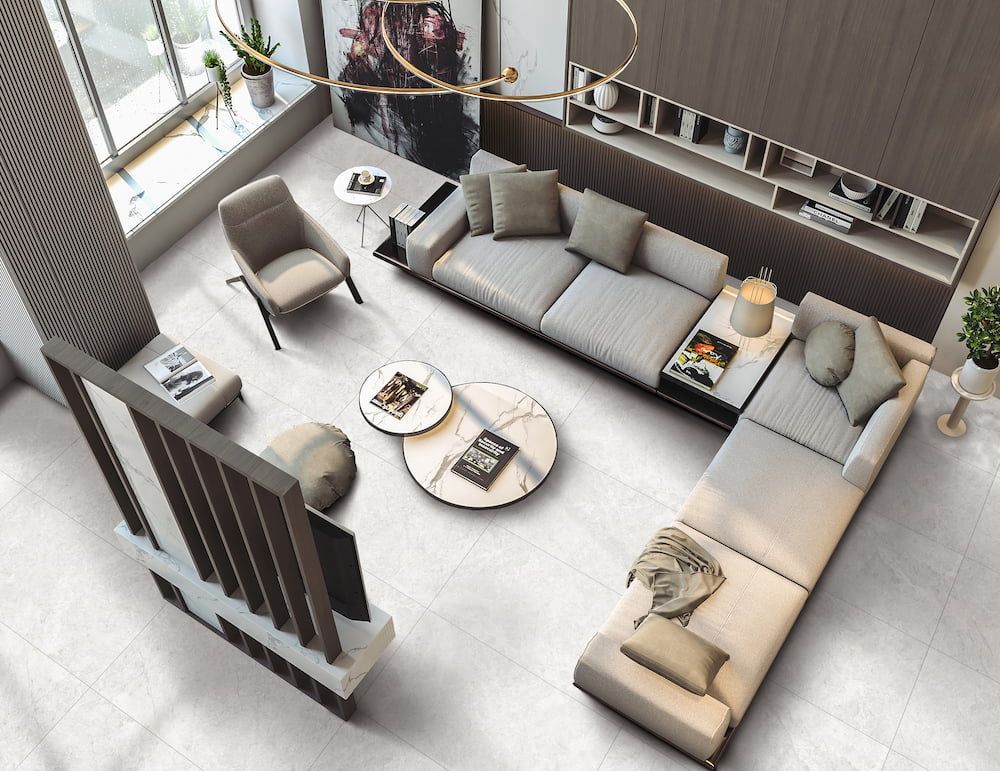 An Aerial View of a Living Room With a Couch and Chairs — Tileflair in Mitchell, ACT