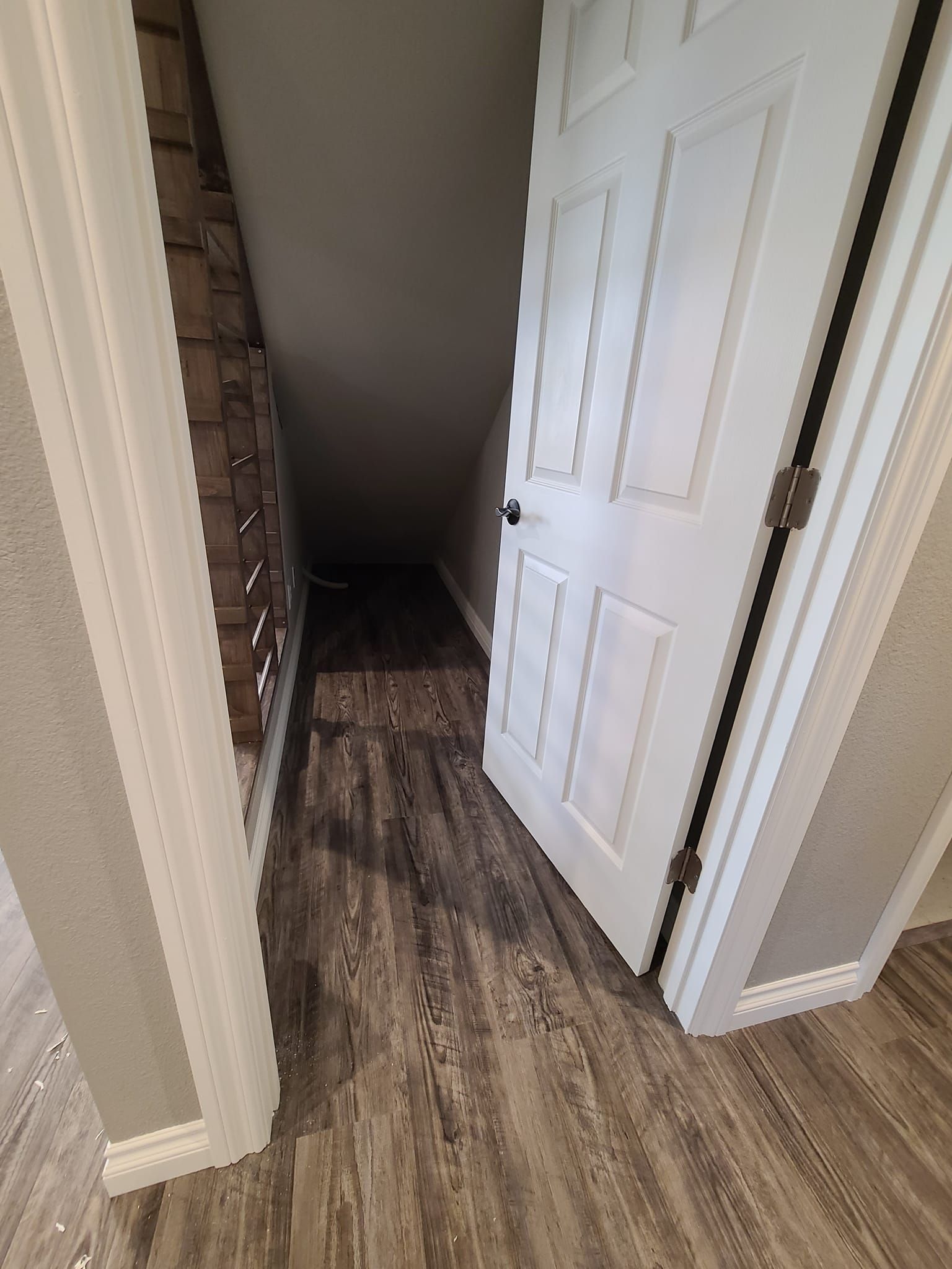 A hallway with hardwood floors and a white door leading to a staircase.